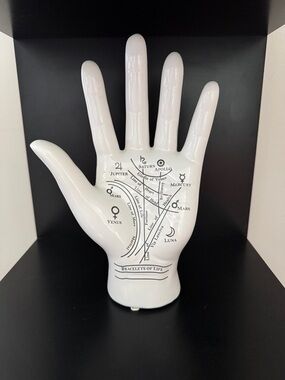White Ceramic Palmistry Hand Display with Black Palmistry Print